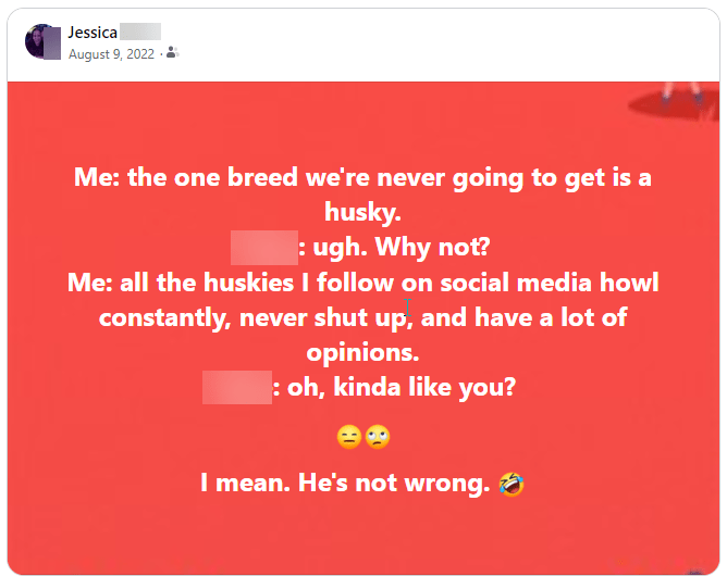 Screenshot of a Facebook conversation between my husband and I:
Me: the one breed we're never going to get is a husky.
Husband: ugh. Why not?
Me: all the huskies I follow on social media howl constantly, never shut up, and have a lot of opinions.
Husband: oh, kinda like you?
---
I mean. He's not wrong. 