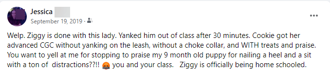 Facebook post in 2019 post Ziggy's class that I yanked him out of.